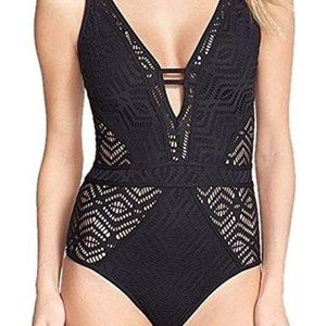 Womens Deep V Monokini in Black Crochet, Size S